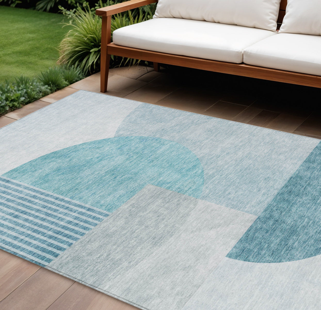 10 X 14 Teal Blue And Silver Geometric Washable Indoor Outdoor Area Rug