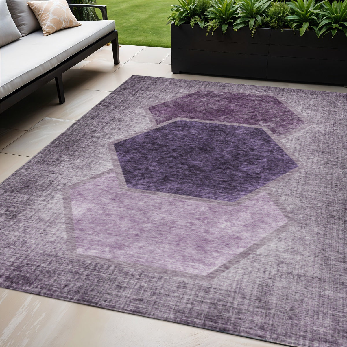 5 X 8 Eggplant Purple And Lavender Geometric Washable Indoor Outdoor Area Rug