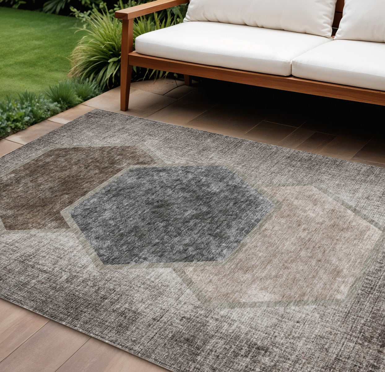 10 X 14 Chocolate And Taupe Geometric Washable Indoor Outdoor Area Rug