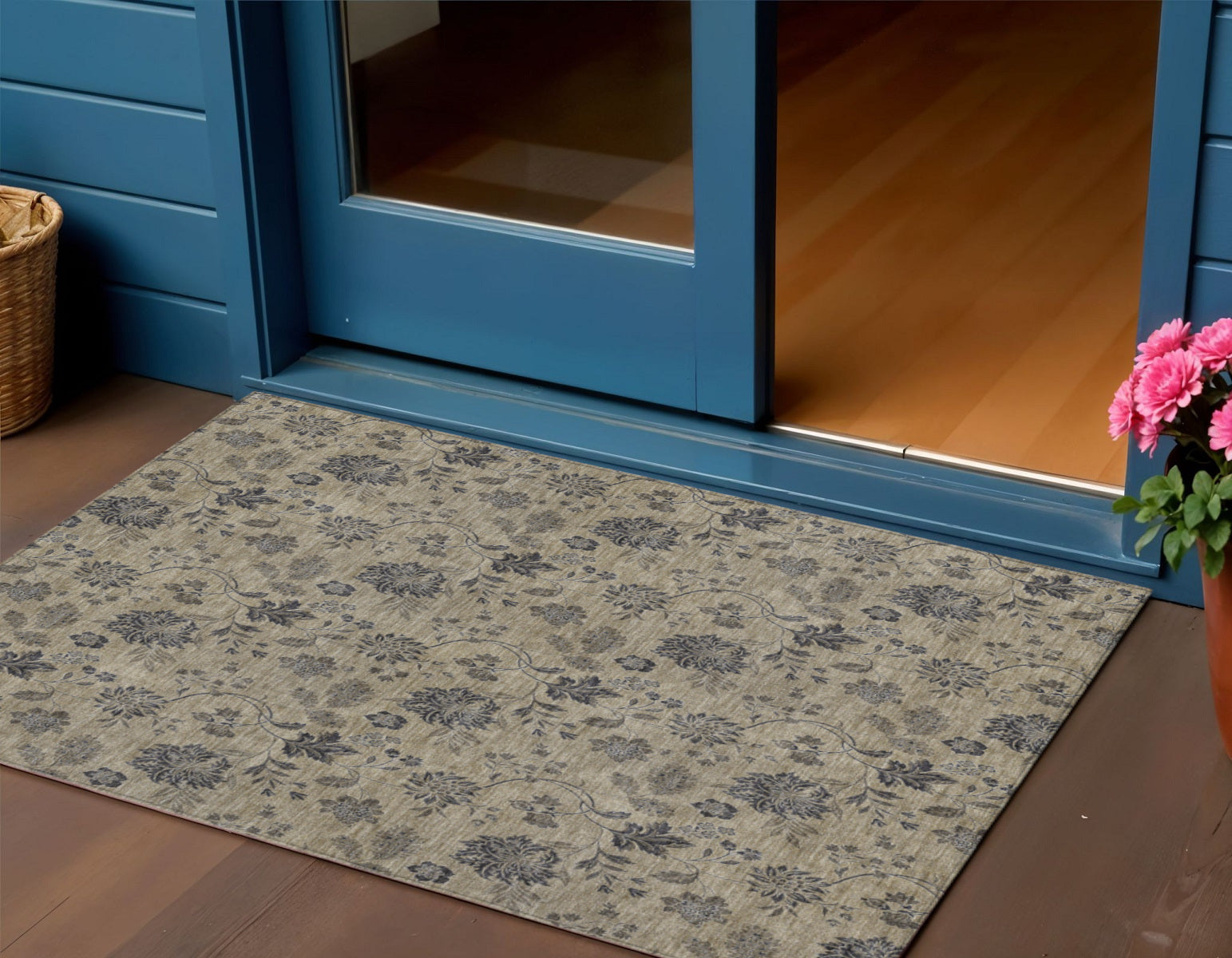 3 X 5 Brown Beige And Chocolate Floral Washable Indoor Outdoor Area Rug