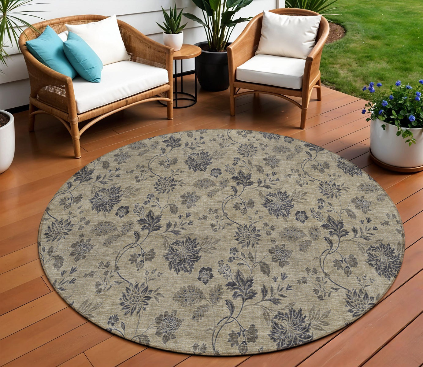 8 Brown Beige And Chocolate Round Floral Washable Indoor Outdoor Area Rug