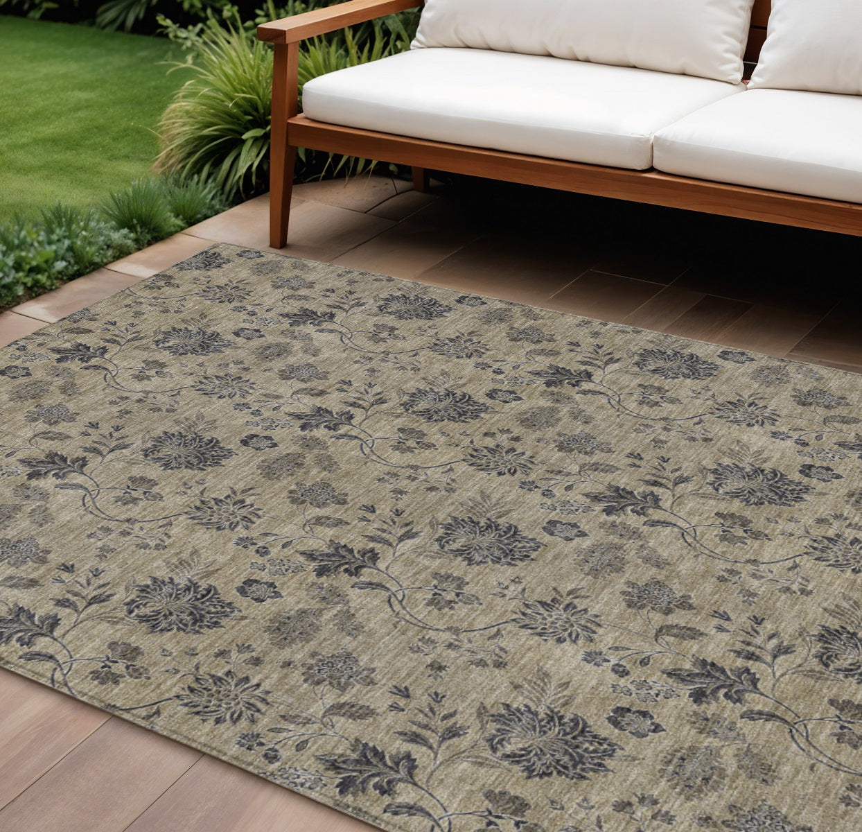 9 X 12 Brown Beige And Chocolate Floral Washable Indoor Outdoor Area Rug