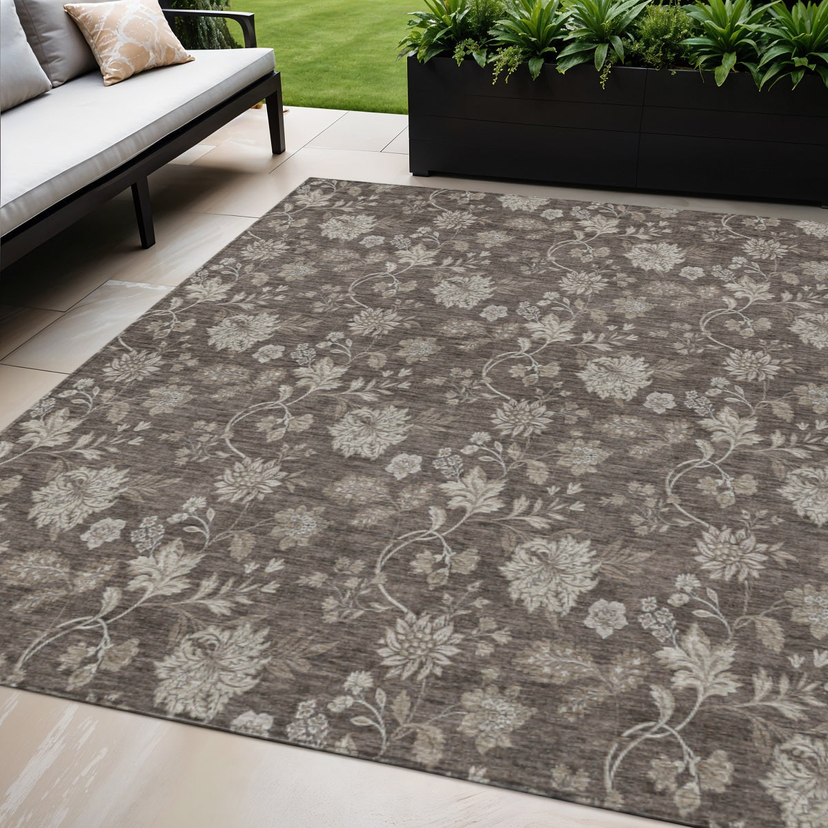 5 X 8 Chocolate Beige And Taupe Floral Washable Indoor Outdoor Area Rug