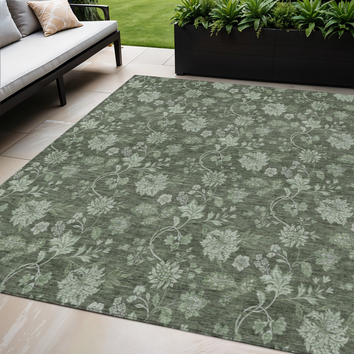 5 X 8 Olive Green And Artichoke Green Floral Washable Indoor Outdoor Area Rug