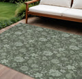 9 X 12 Olive Green And Artichoke Green Floral Washable Indoor Outdoor Area Rug