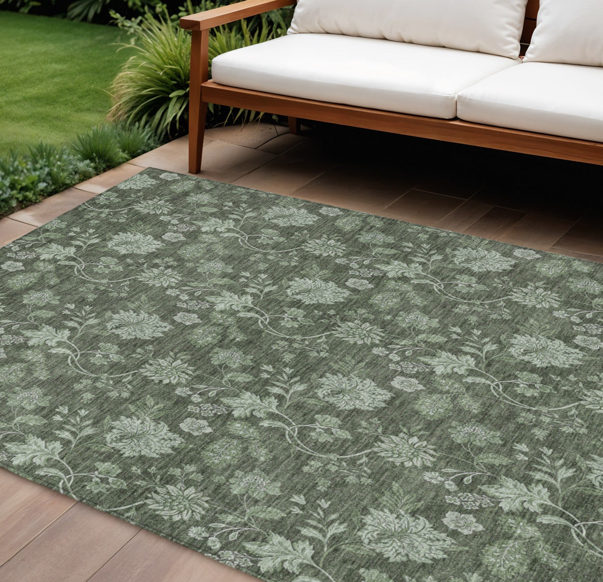 9 X 12 Olive Green And Artichoke Green Floral Washable Indoor Outdoor Area Rug