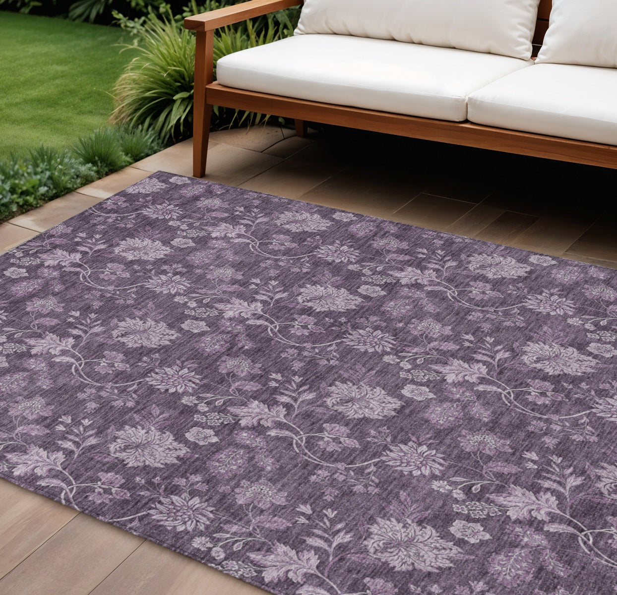 8 X 10 Plum Purple And Lavender Floral Washable Indoor Outdoor Area Rug