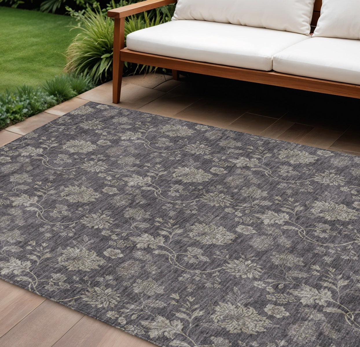 8 X 10 Taupe And Beige Floral Washable Indoor Outdoor Area Rug