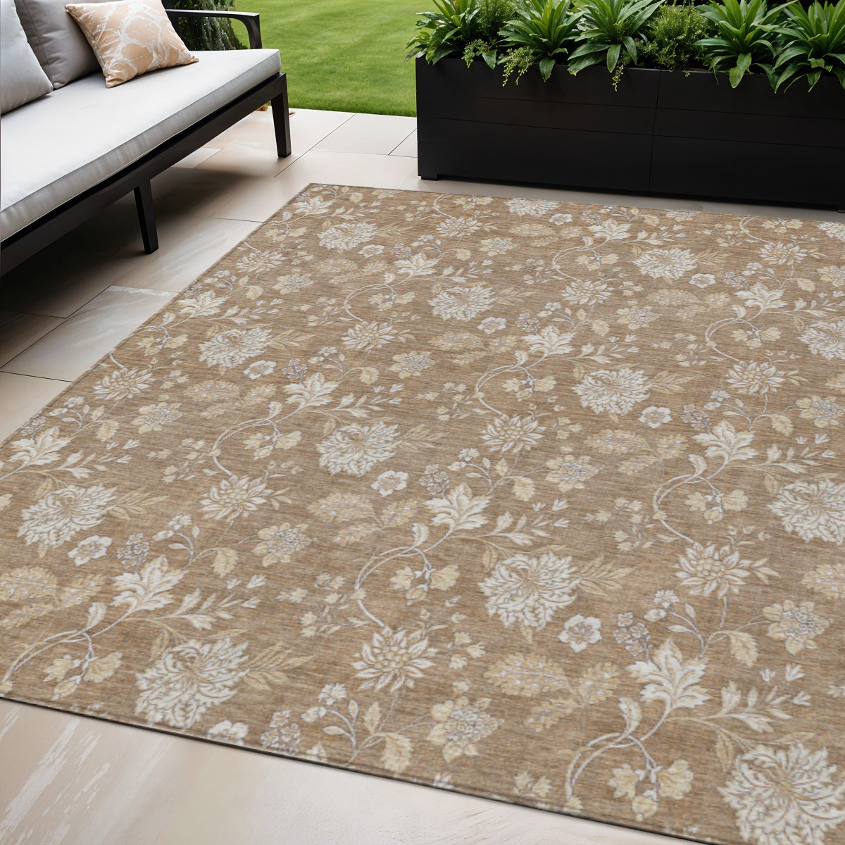 5 X 8 Copper And Beige Floral Washable Indoor Outdoor Area Rug