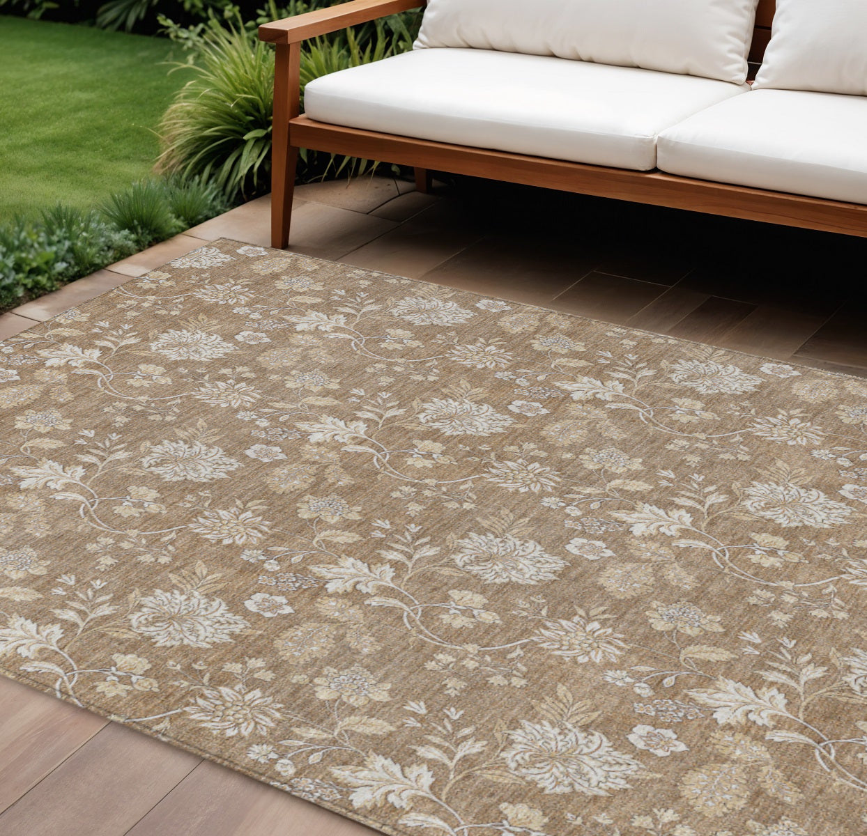 9 X 12 Copper And Beige Floral Washable Indoor Outdoor Area Rug