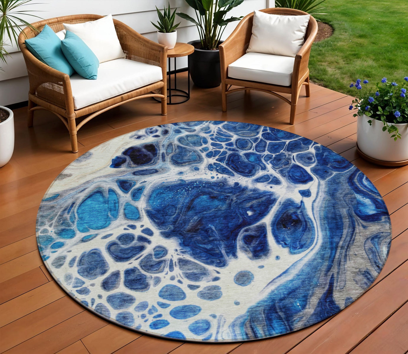 8 Navy Blue And Gray Round Nautical Washable Indoor Outdoor Area Rug