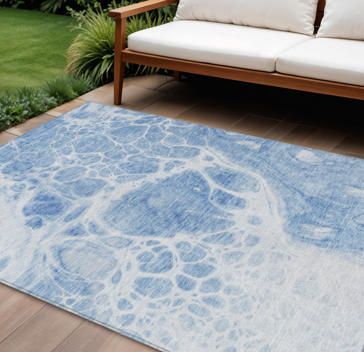 9 X 12 Sky Blue And Denim Blue Nautical Washable Indoor Outdoor Area Rug