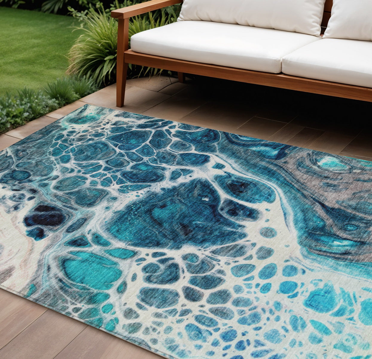 9 X 12 Teal Blue And Navy Blue Nautical Washable Indoor Outdoor Area Rug