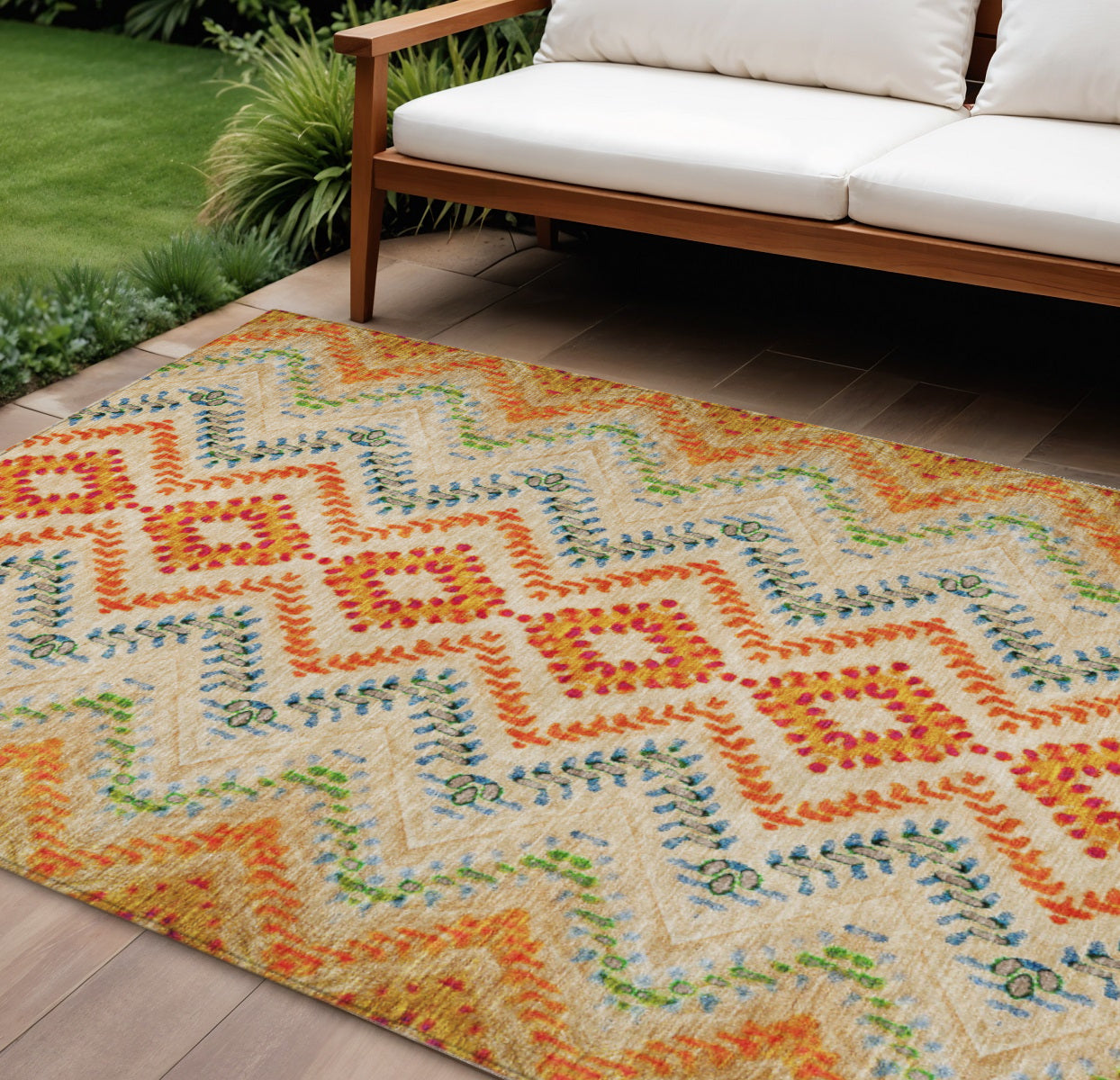 9 X 12 Beige Orange And Red Geometric Washable Indoor Outdoor Area Rug