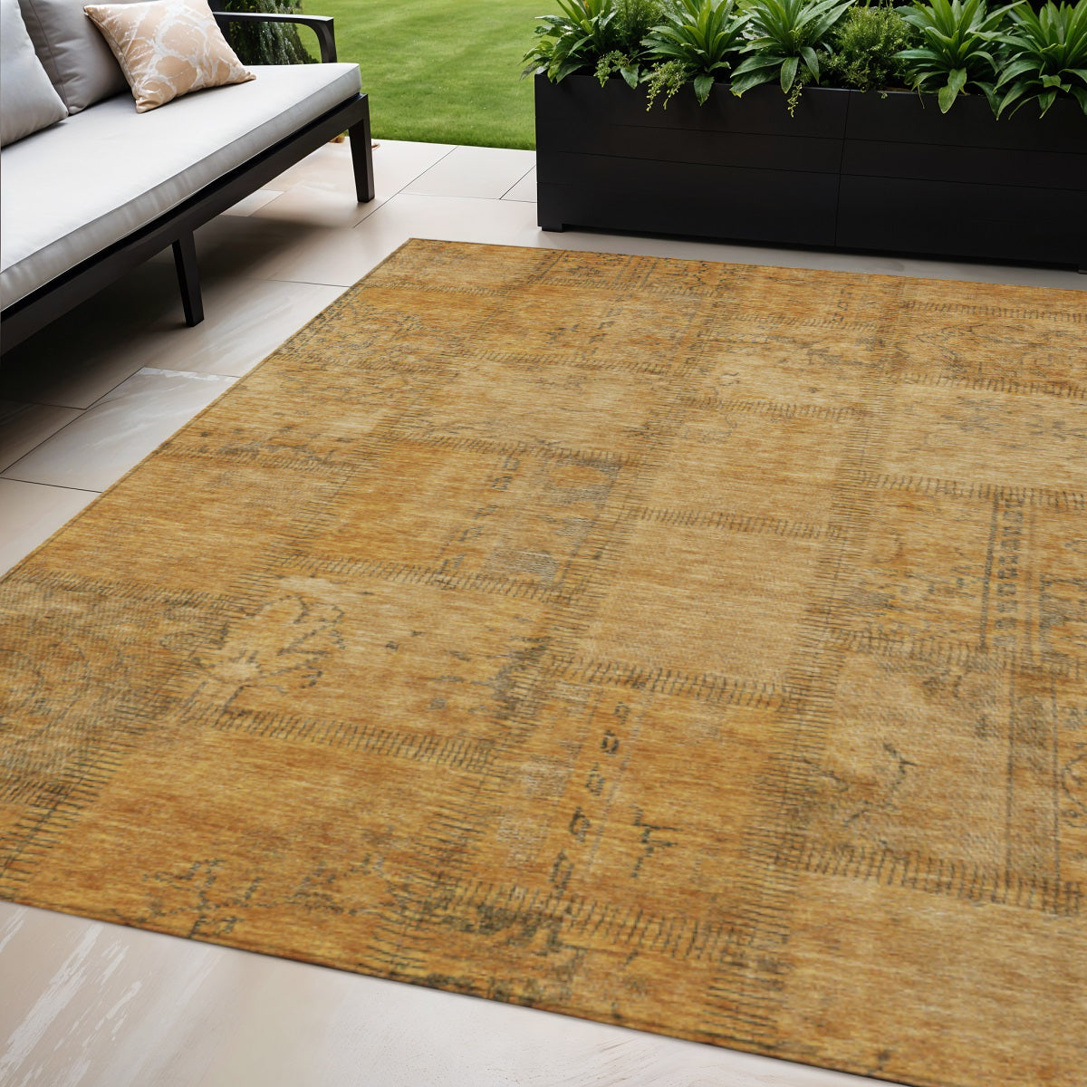 5 X 8 Peach Gray And Charcoal Patchwork Washable Indoor Outdoor Area Rug