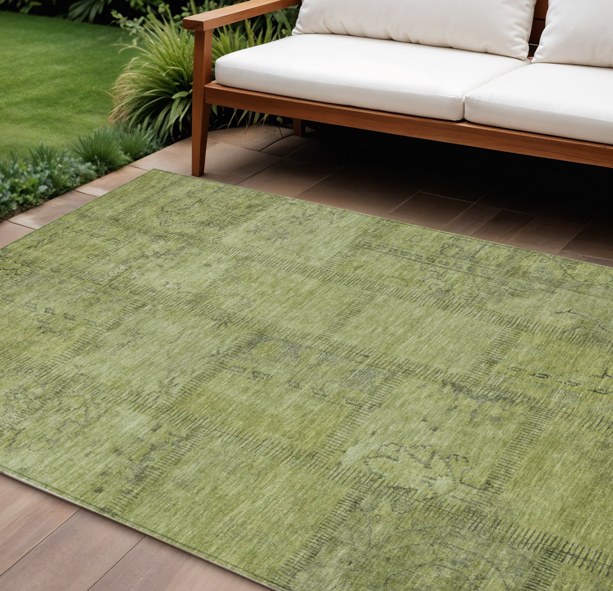10 X 14 Fern Green And Artichoke Green Patchwork Washable Indoor Outdoor Area Rug