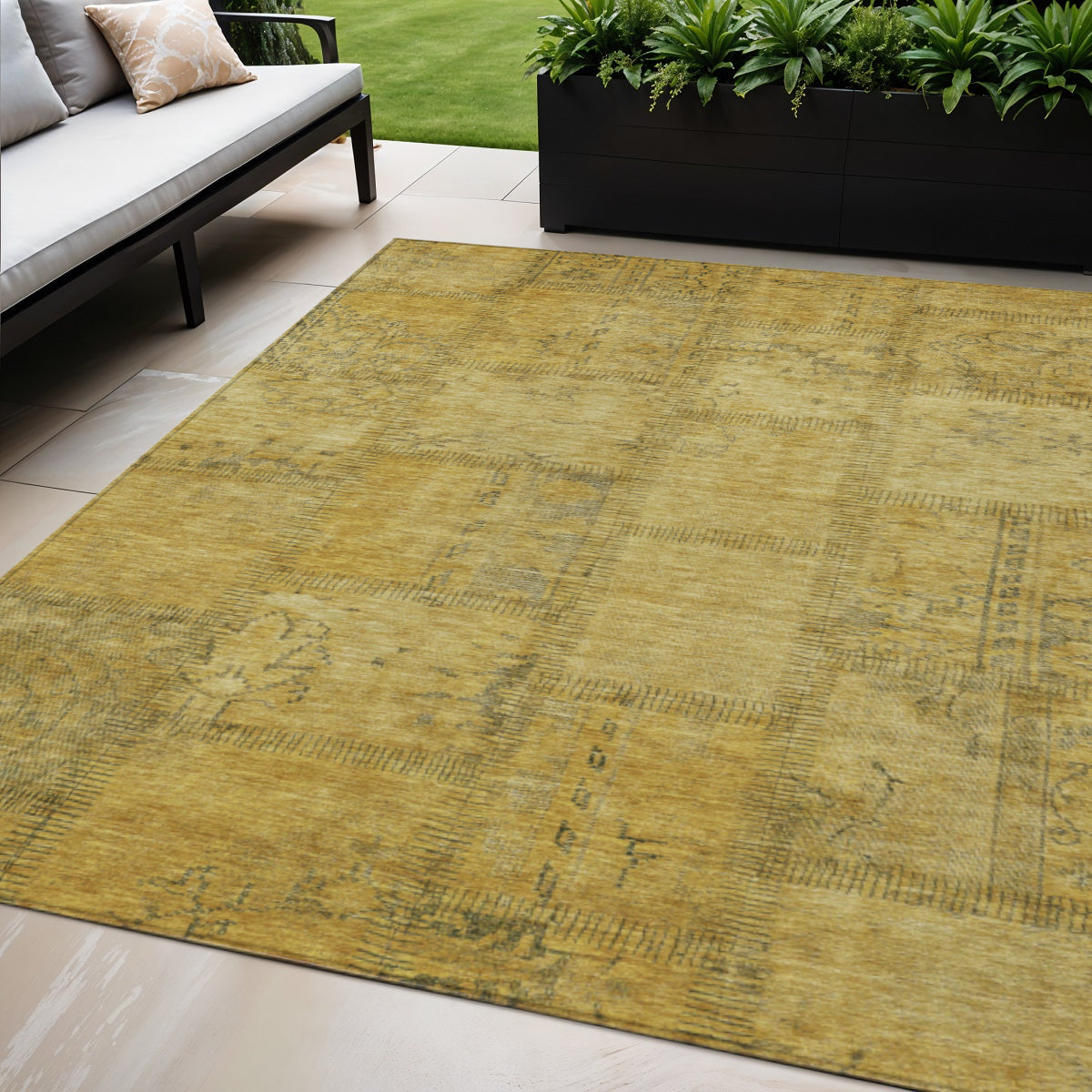 5 X 8 Gold Wheat And Gray Patchwork Washable Indoor Outdoor Area Rug