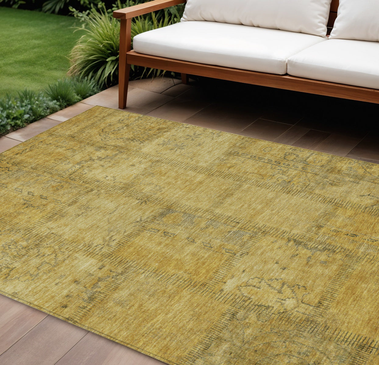 10 X 14 Gold Wheat And Gray Patchwork Washable Indoor Outdoor Area Rug