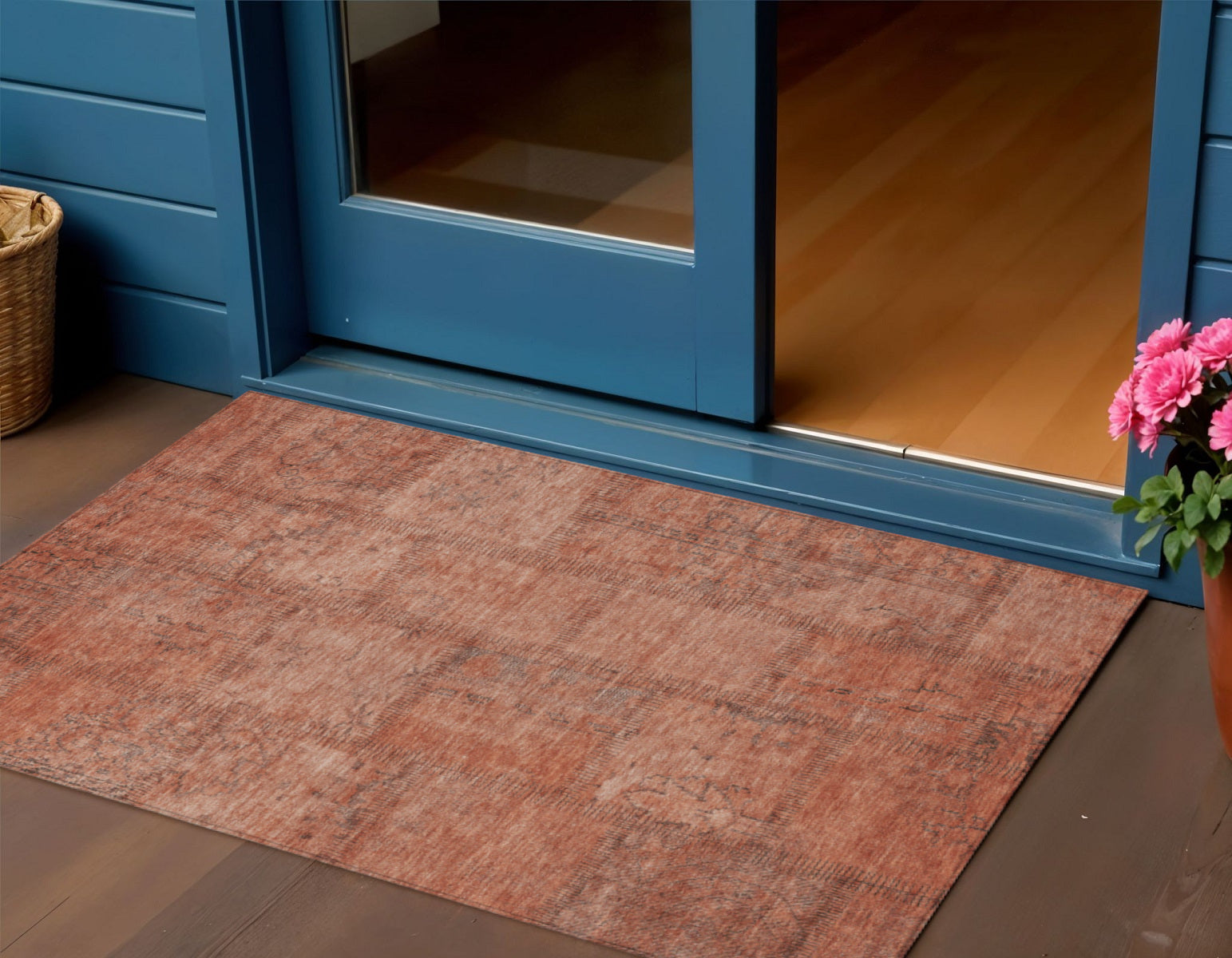 3 X 5 Salmon Copper And Gray Patchwork Washable Indoor Outdoor Area Rug