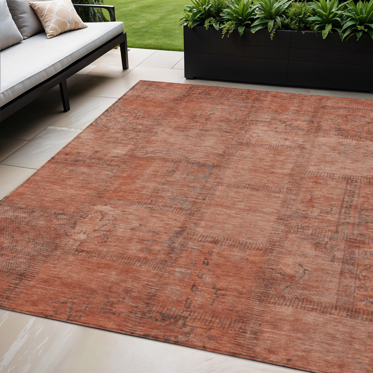 5 X 8 Salmon Copper And Gray Patchwork Washable Indoor Outdoor Area Rug