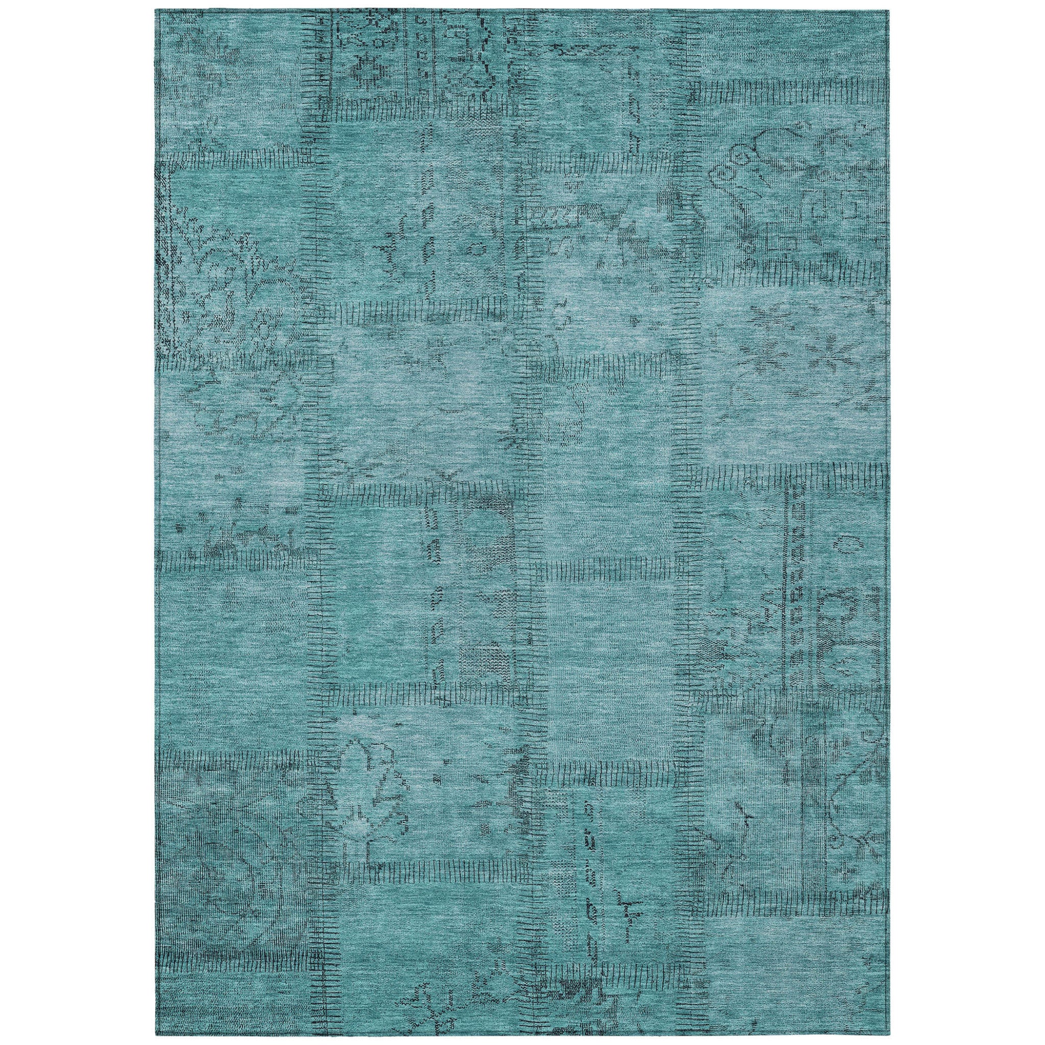 9 X 12 Teal Blue And Aqua Patchwork Washable Indoor Outdoor Area Rug