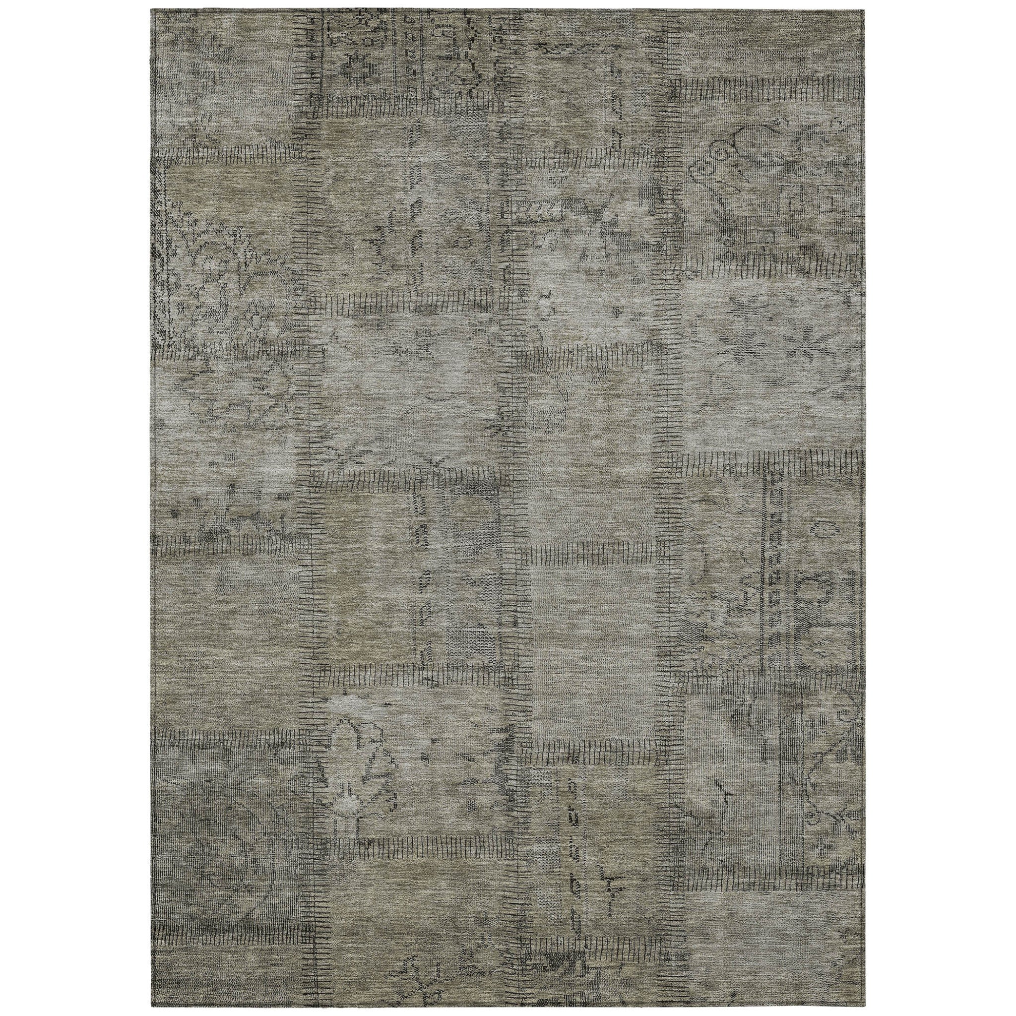 5 X 8 Taupe Brown And Beige Patchwork Washable Indoor Outdoor Area Rug