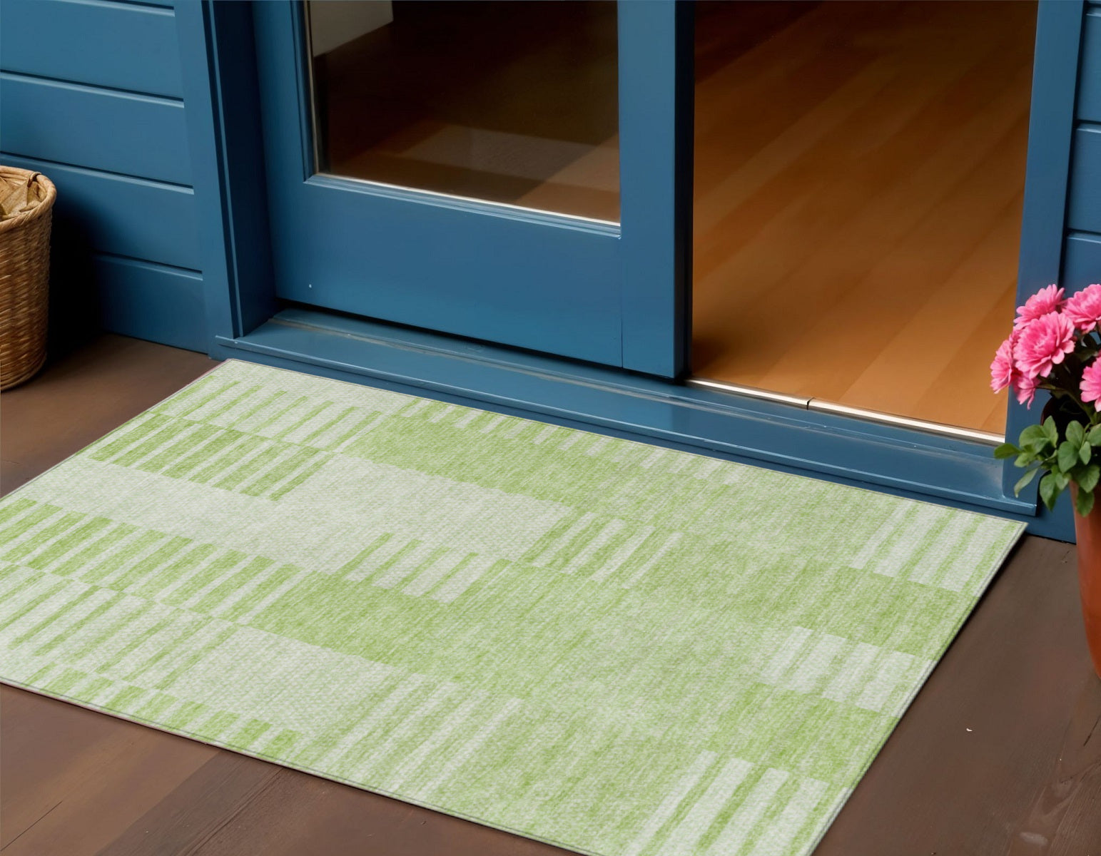 3 X 5 Artichoke Green And Mint Green Striped Washable Indoor Outdoor Area Rug