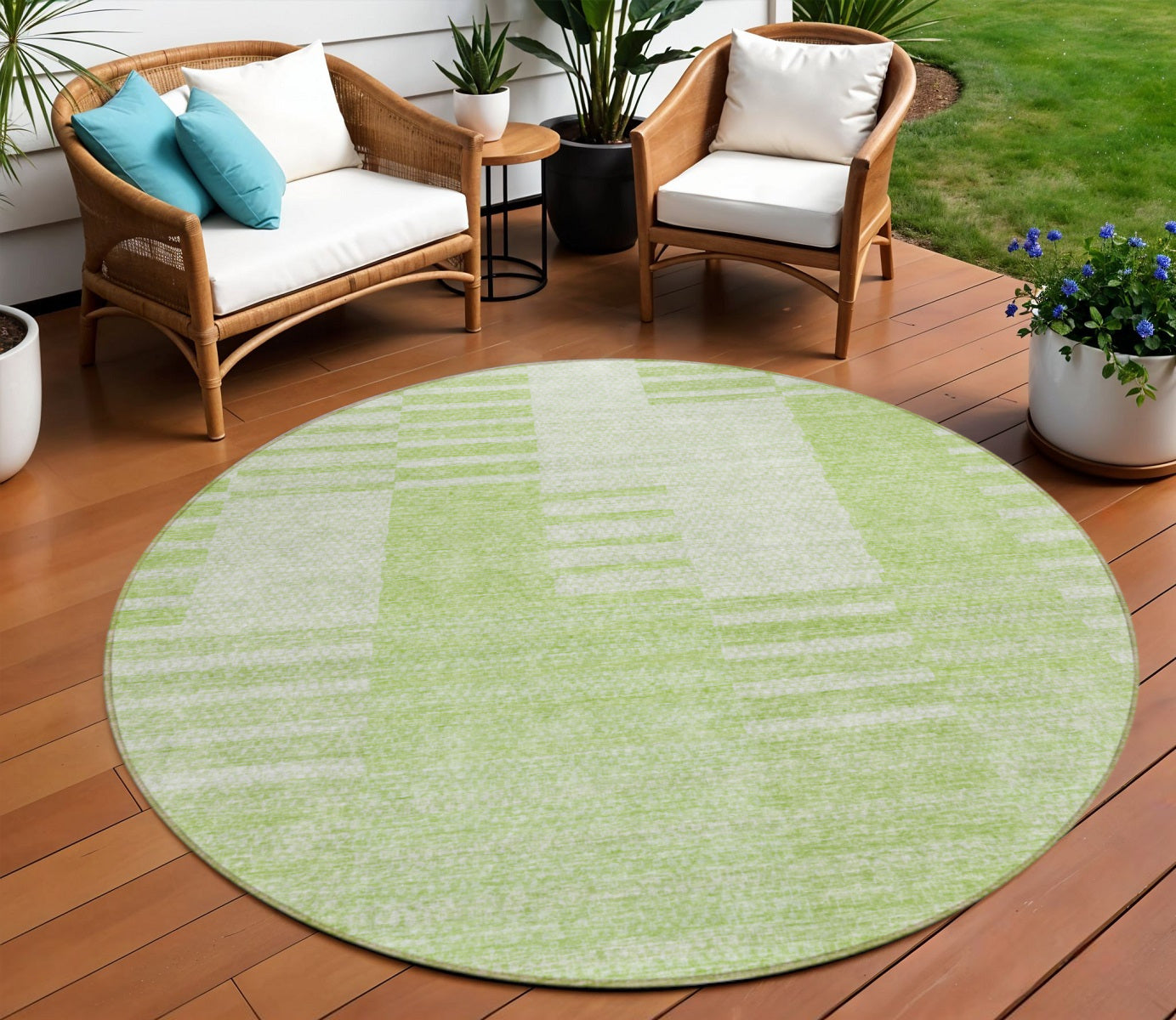 8 Artichoke Green And Mint Green Round Striped Washable Indoor Outdoor Area Rug