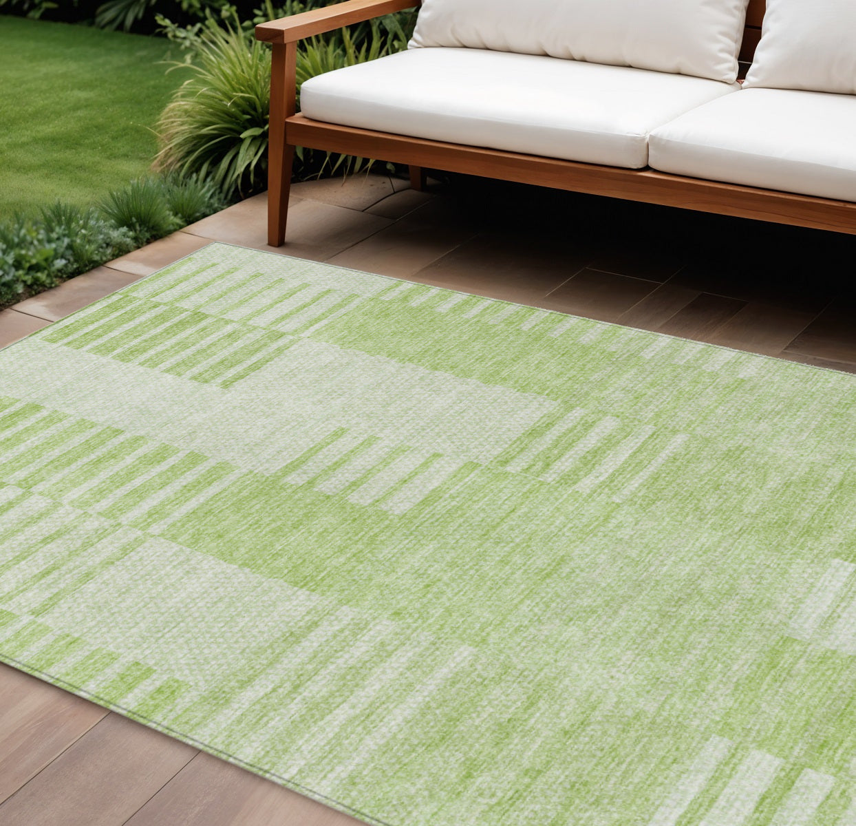 9 X 12 Artichoke Green And Mint Green Striped Washable Indoor Outdoor Area Rug
