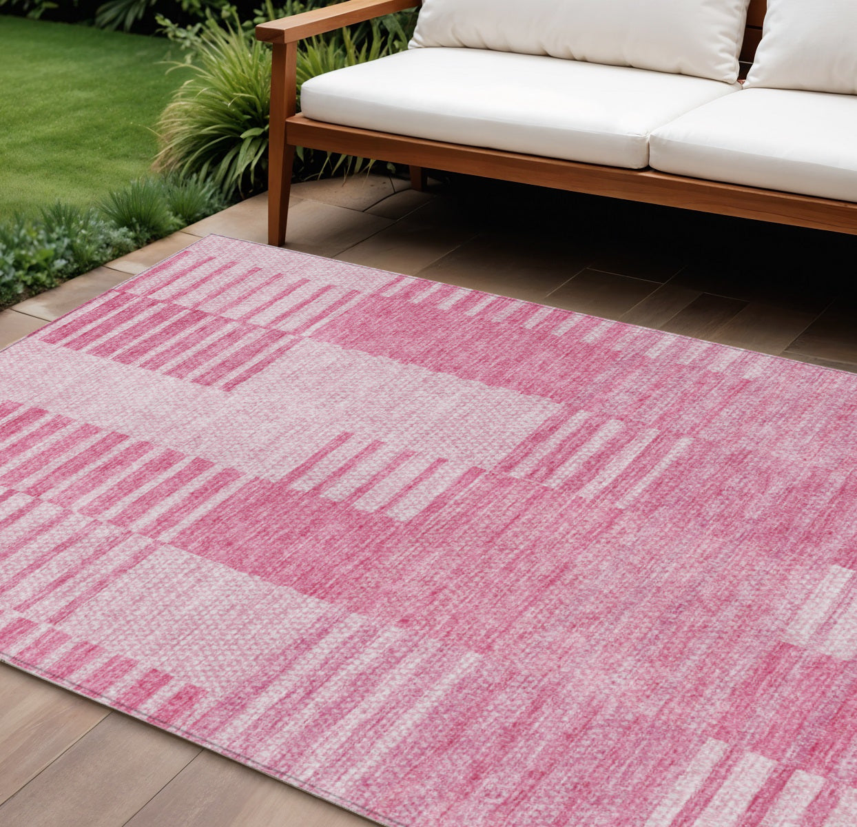 10 X 14 Pink And Blush Striped Washable Indoor Outdoor Area Rug