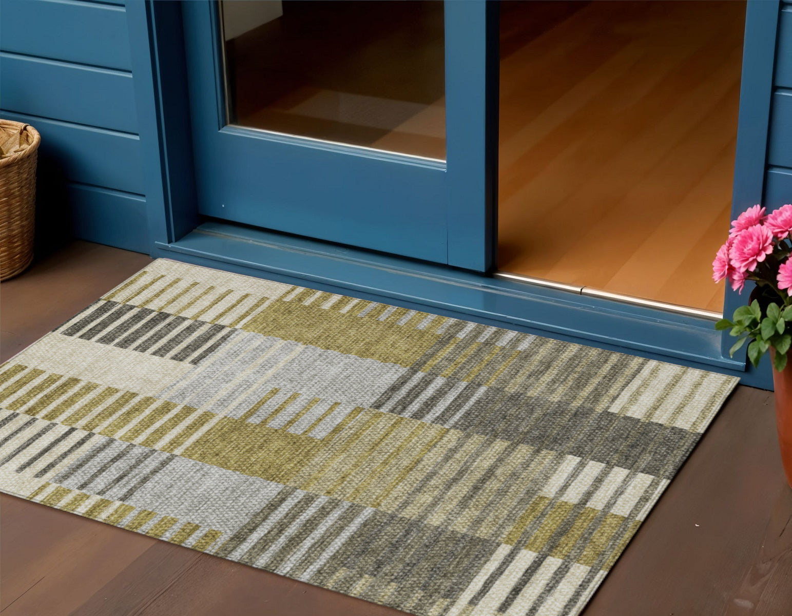 3 X 5 Brown Gold And Taupe Striped Washable Indoor Outdoor Area Rug