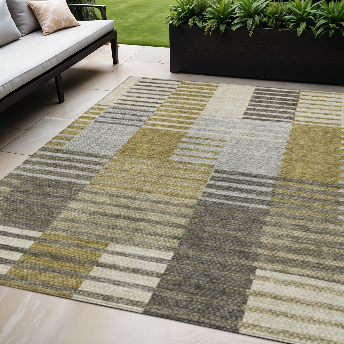 5 X 8 Brown Gold And Taupe Striped Washable Indoor Outdoor Area Rug