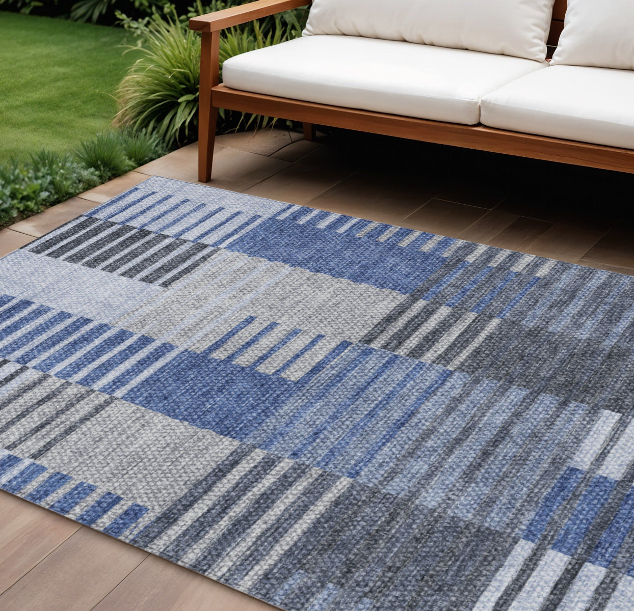 9 X 12 Denim Blue And Navy Blue Striped Washable Indoor Outdoor Area Rug