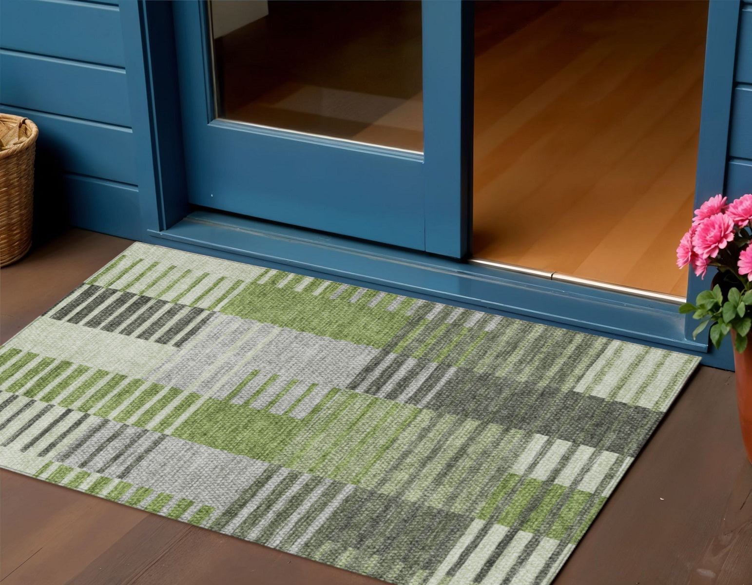 3 X 5 Green And Olive Green Striped Washable Indoor Outdoor Area Rug