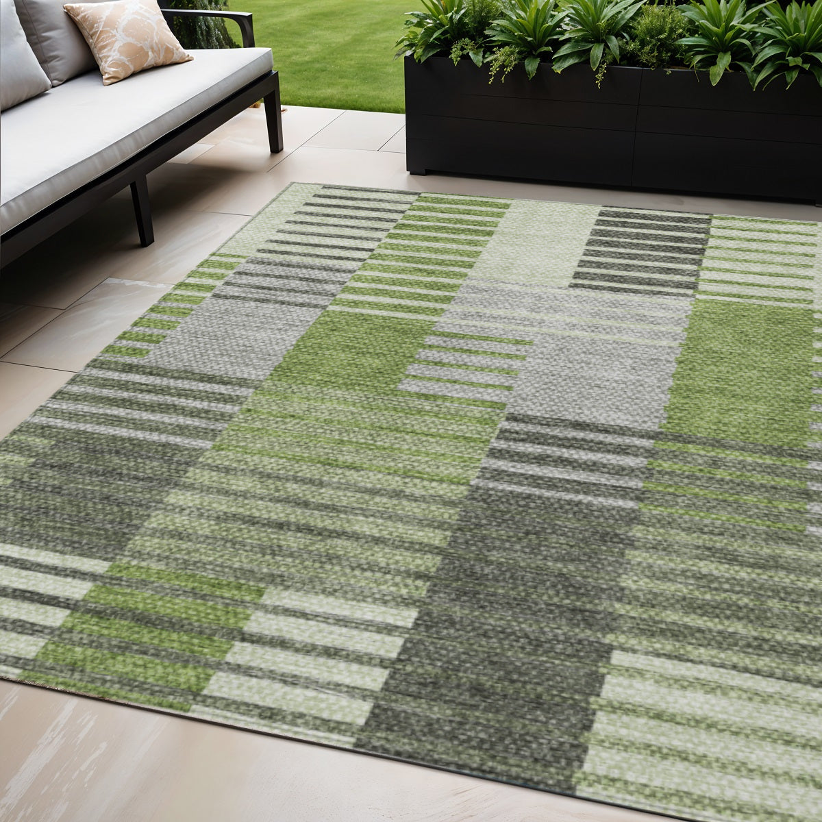 5 X 8 Green And Olive Green Striped Washable Indoor Outdoor Area Rug