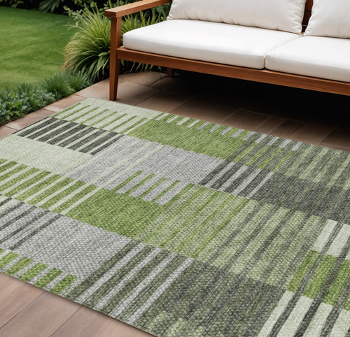 10 X 14 Green And Olive Green Striped Washable Indoor Outdoor Area Rug