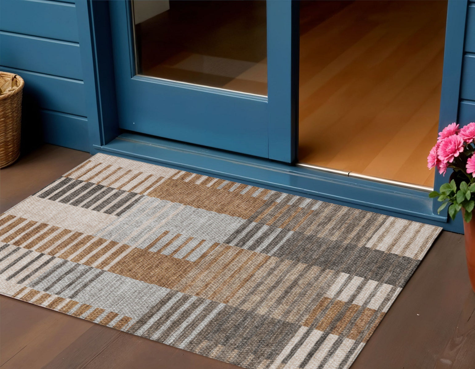 3 X 5 Chocolate And Gray Striped Washable Indoor Outdoor Area Rug