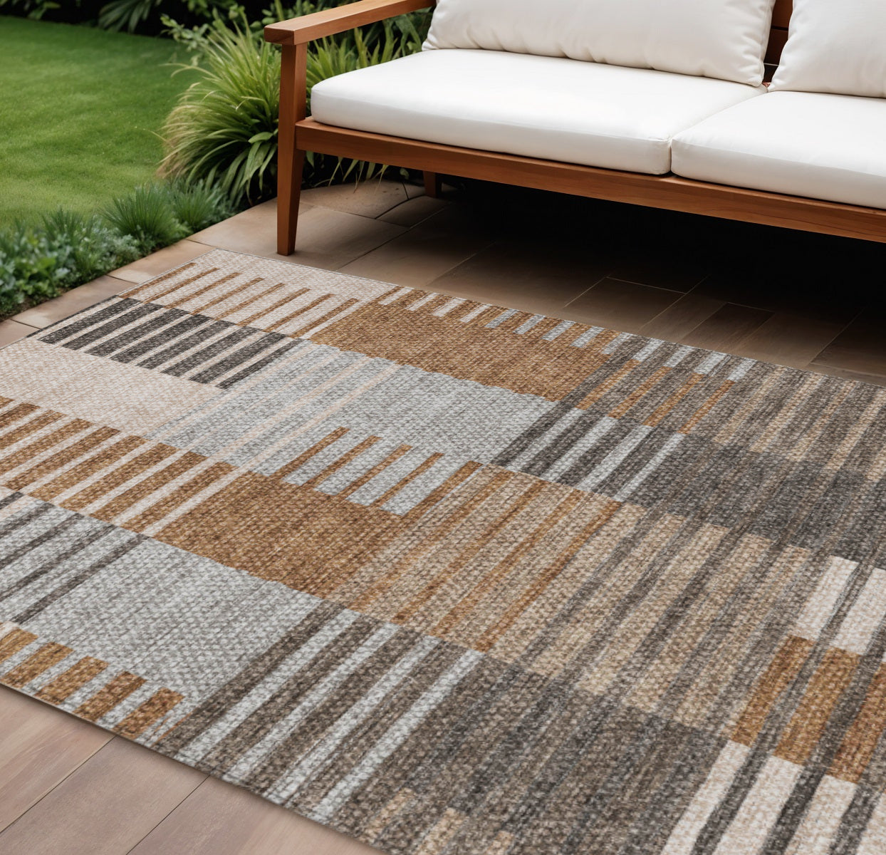 9 X 12 Chocolate And Gray Striped Washable Indoor Outdoor Area Rug