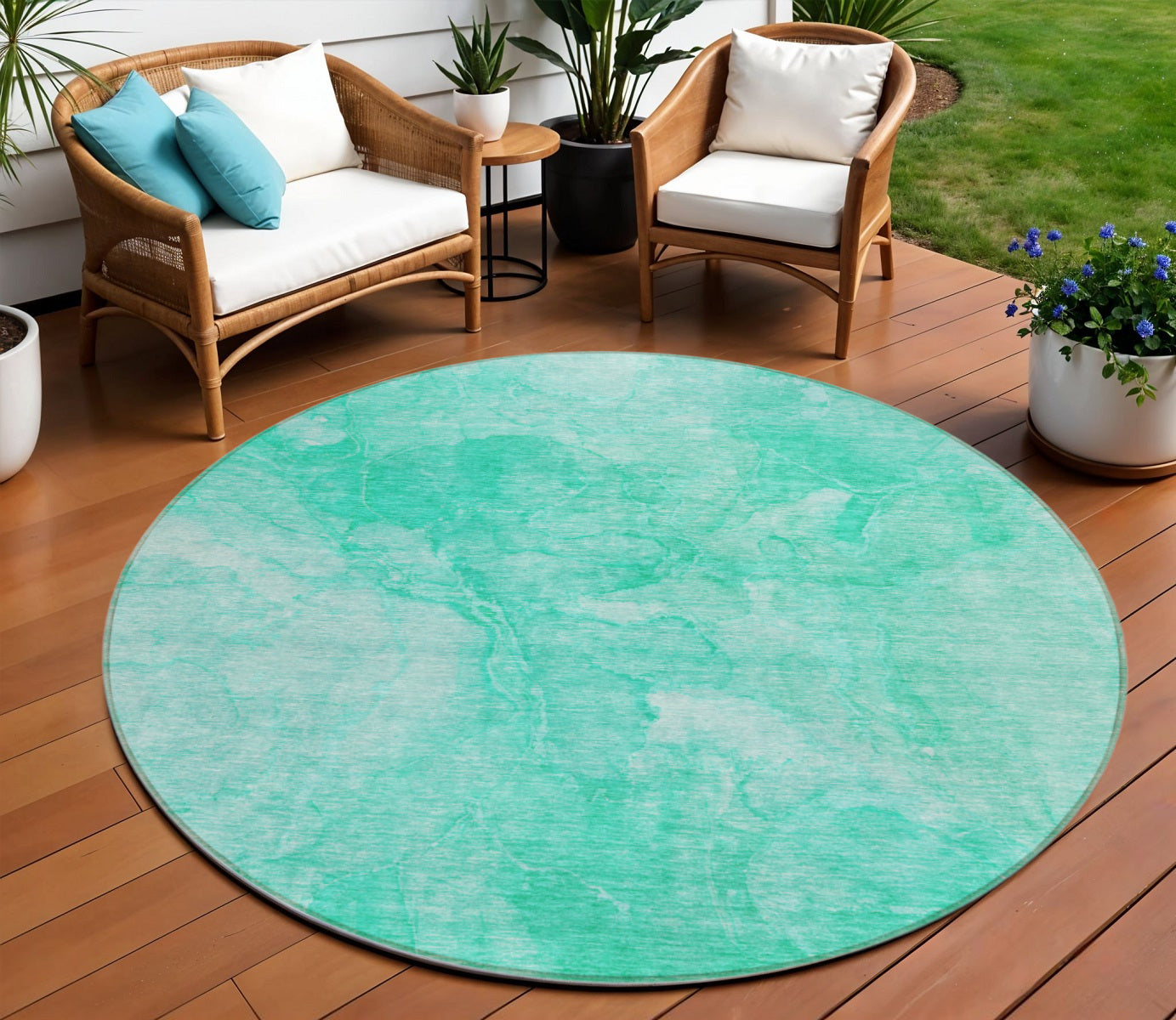 8 Teal Blue And Aqua Round Nautical Washable Indoor Outdoor Area Rug