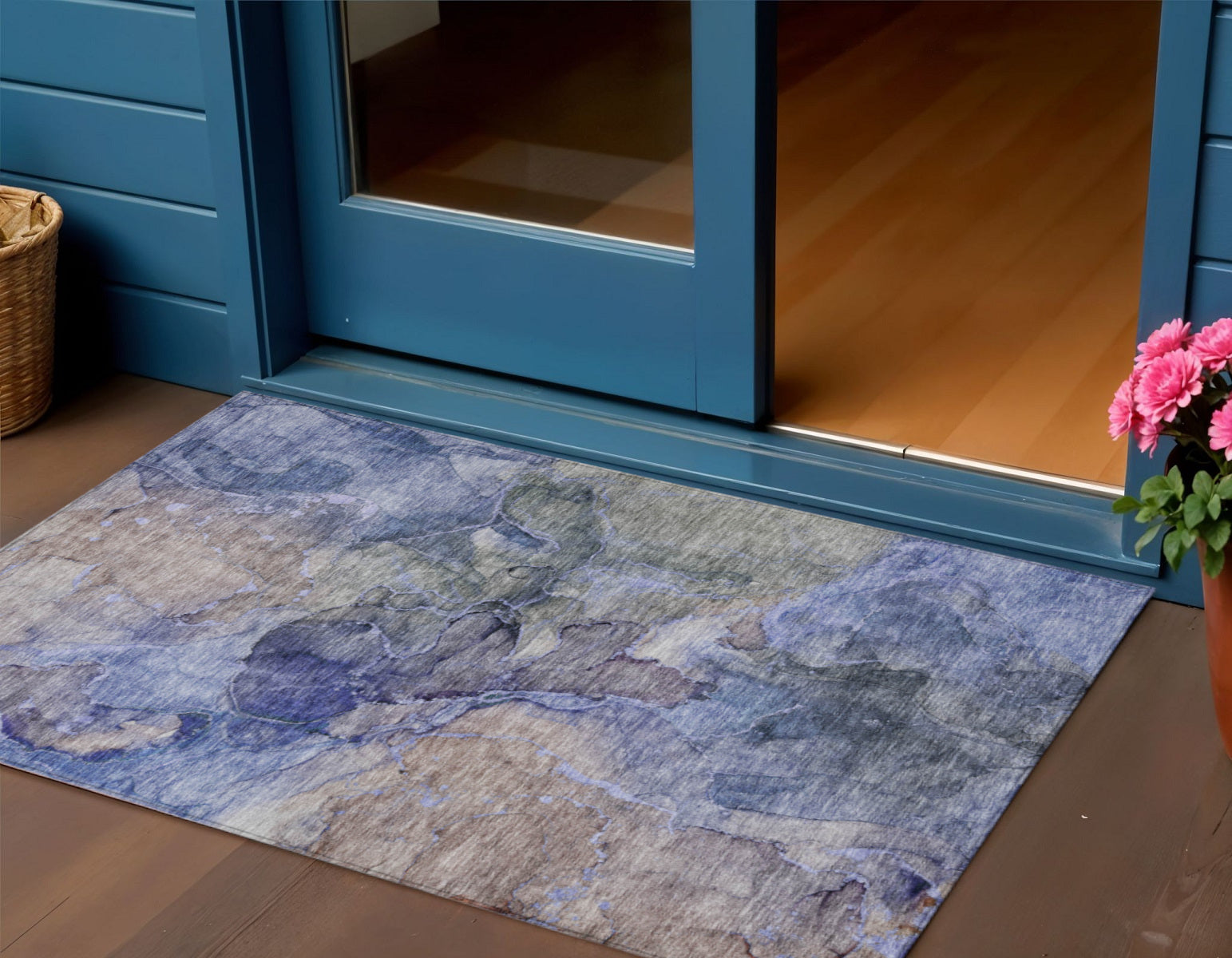 3 X 5 Navy Blue And Beige Abstract Washable Indoor Outdoor Area Rug