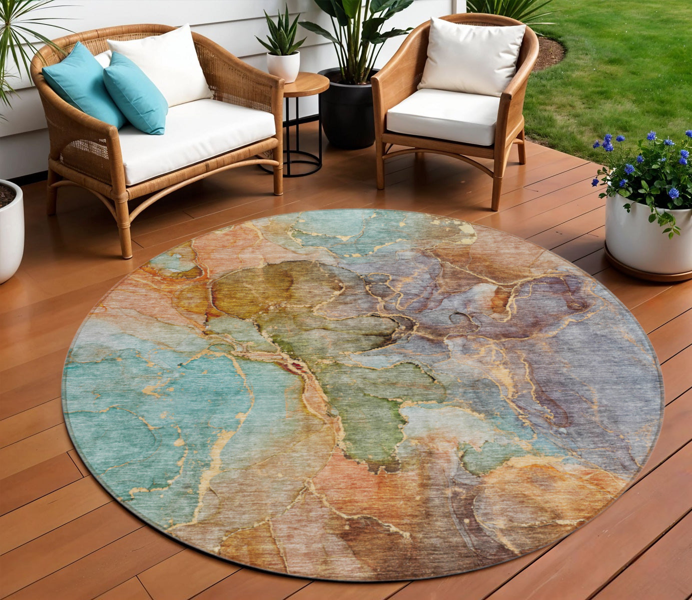 8 Copper Orange And Teal Blue Round Abstract Washable Indoor Outdoor Area Rug