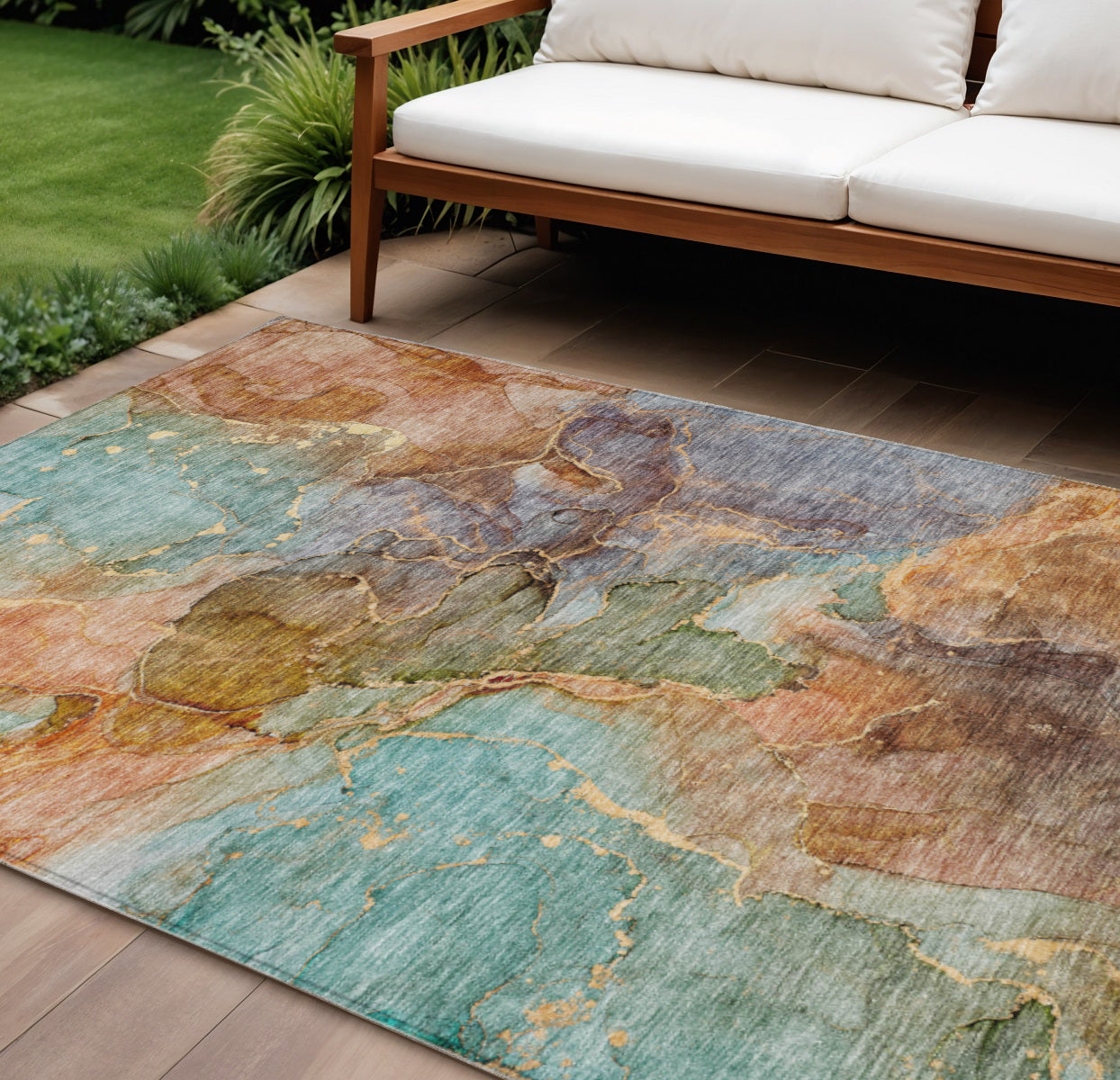 10 X 14 Copper Orange And Teal Blue Abstract Washable Indoor Outdoor Area Rug