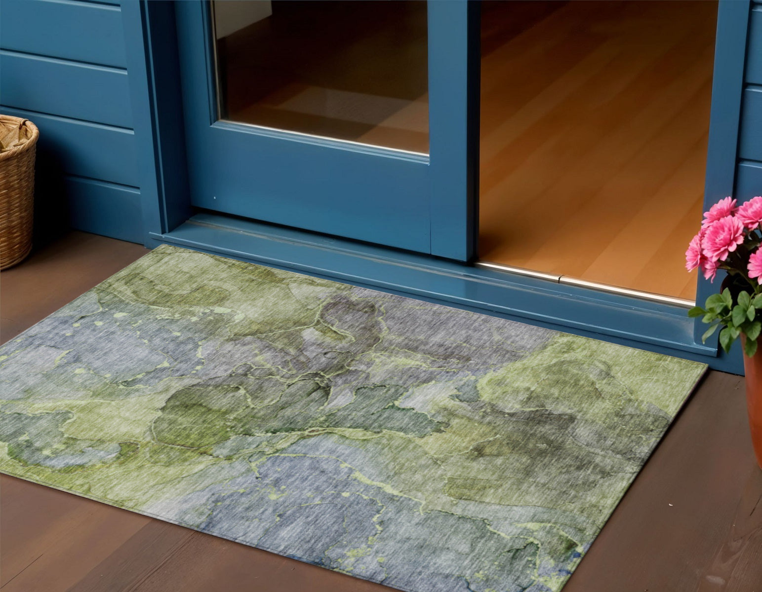 3 X 5 Olive Green And Gray Abstract Washable Indoor Outdoor Area Rug
