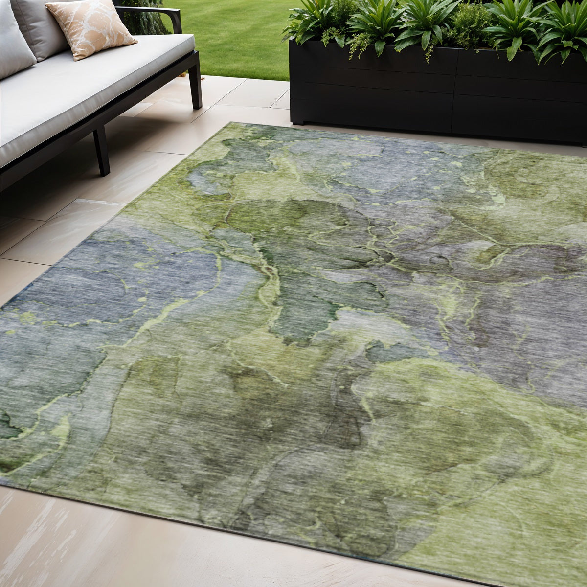 5 X 8 Olive Green And Gray Abstract Washable Indoor Outdoor Area Rug