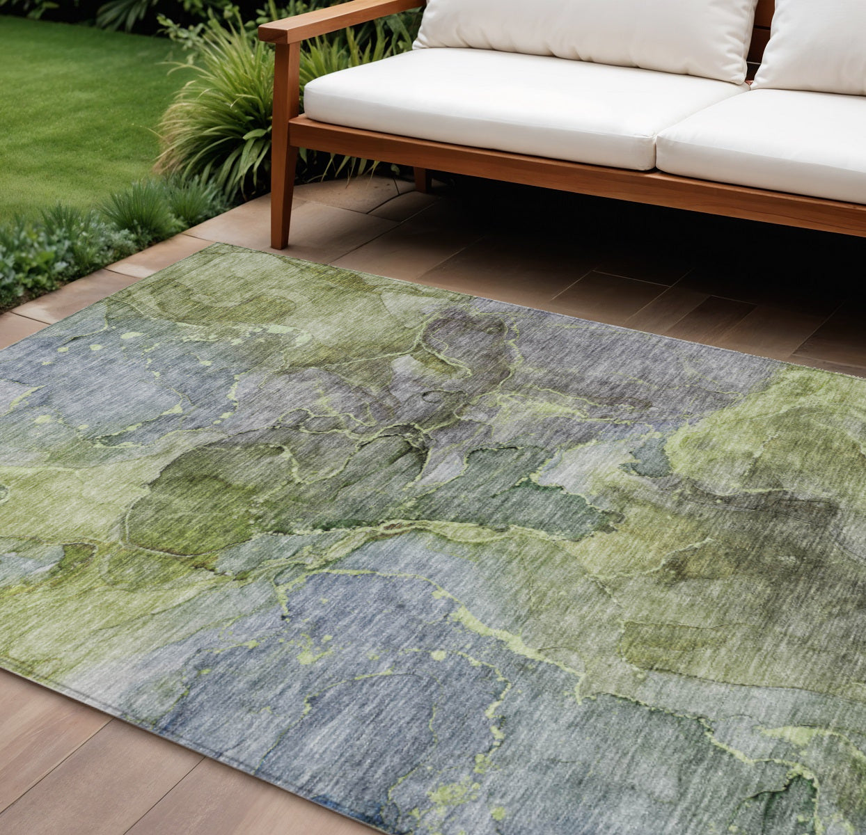 9 X 12 Olive Green And Gray Abstract Washable Indoor Outdoor Area Rug