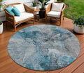 8 Teal Blue And Navy Blue Round Abstract Washable Indoor Outdoor Area Rug