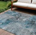 9 X 12 Teal Blue And Navy Blue Abstract Washable Indoor Outdoor Area Rug