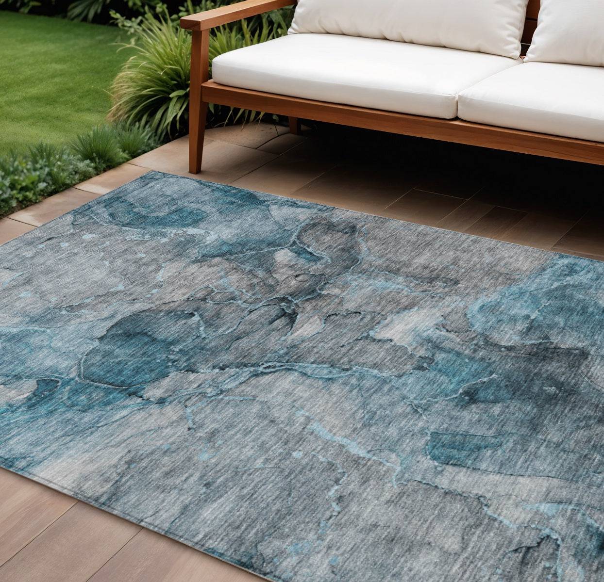 10 X 14 Teal Blue And Navy Blue Abstract Washable Indoor Outdoor Area Rug