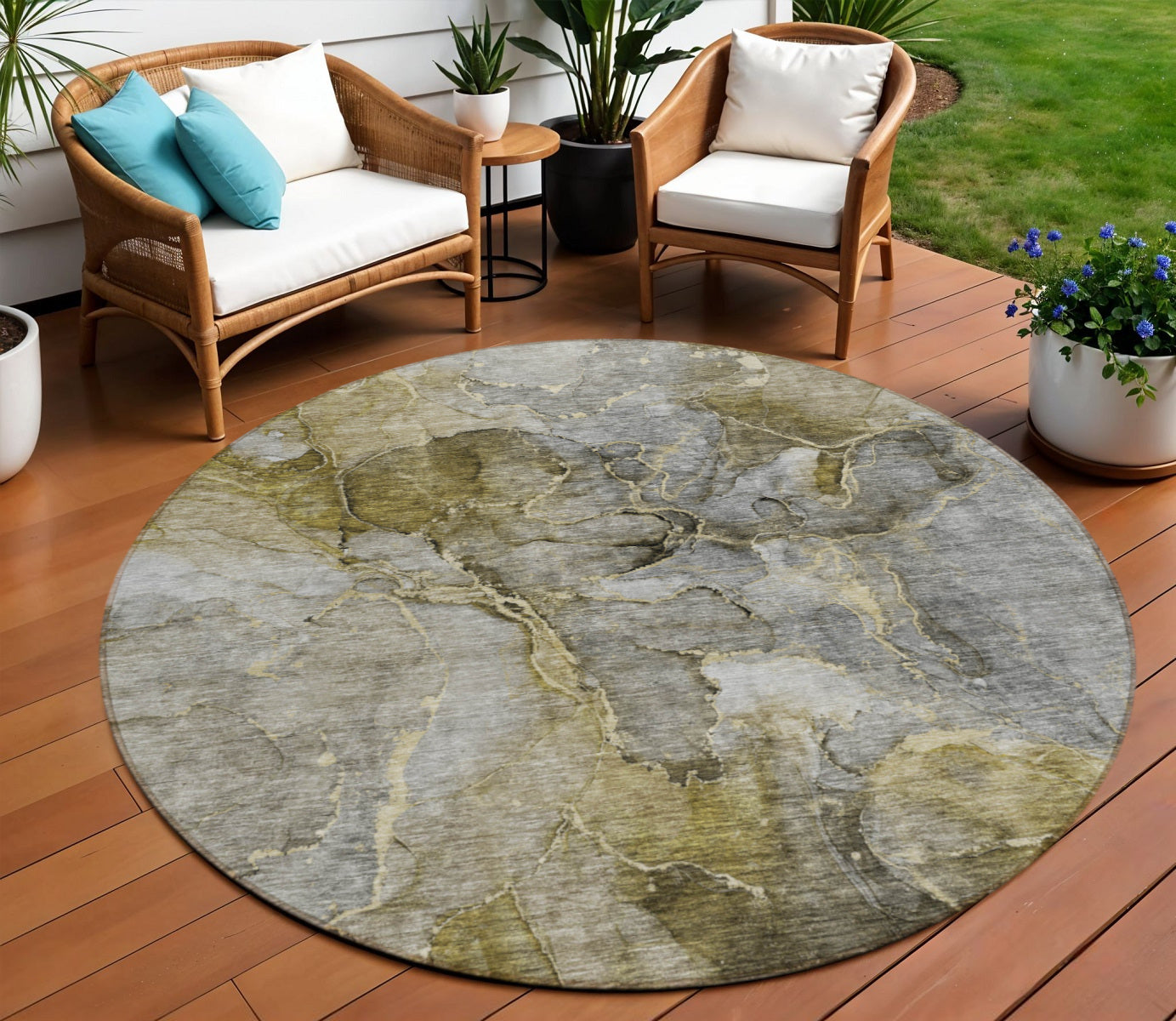 8 Taupe Brown And Gray Round Abstract Washable Indoor Outdoor Area Rug