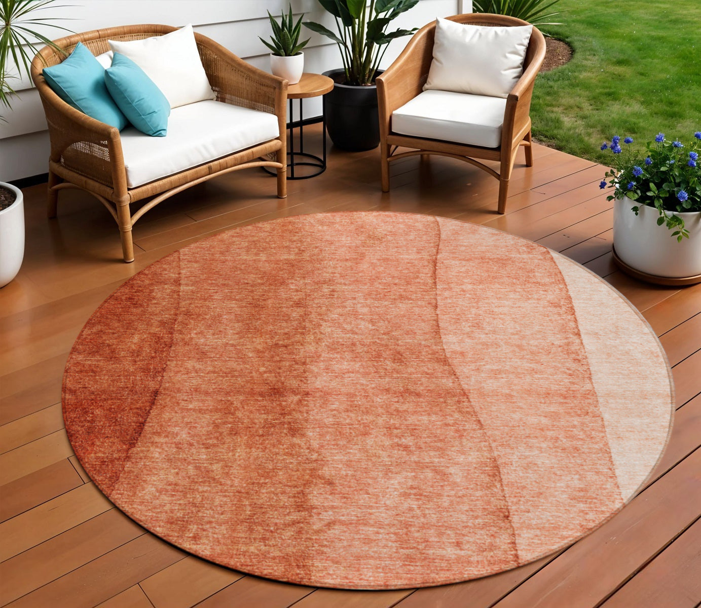 8 Red Copper And Terra Cotta Round Ombre Washable Indoor Outdoor Area Rug